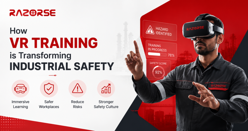 Industrial worker using VR headset for immersive safety training in a manufacturing plant by Razorse