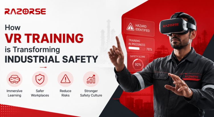 Industrial worker using VR headset for immersive safety training in a manufacturing plant by Razorse