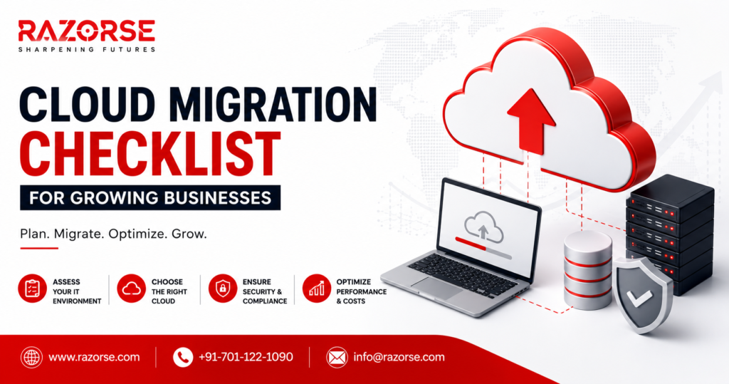 Cloud Migration Checklist for Growing Businesses by Razorse featuring secure cloud migration, cloud infrastructure, business cloud solutions, data migration, and digital transformation services.