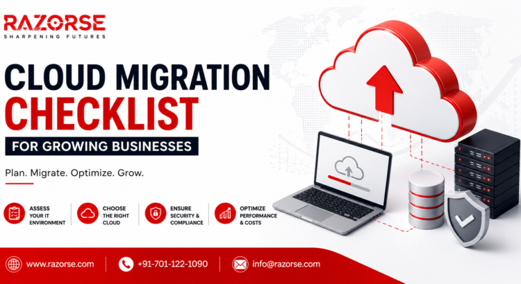 Cloud Migration Checklist for Growing Businesses by Razorse featuring secure cloud migration, cloud infrastructure, business cloud solutions, data migration, and digital transformation services.