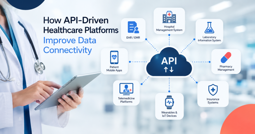 API-driven healthcare platform connecting EHR, hospital, laboratory, pharmacy, telemedicine, insurance, and IoT systems for seamless data connectivity.