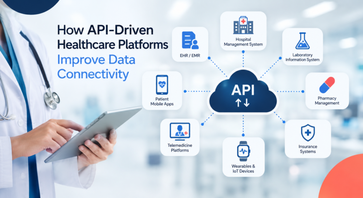 API-driven healthcare platform connecting EHR, hospital, laboratory, pharmacy, telemedicine, insurance, and IoT systems for seamless data connectivity.
